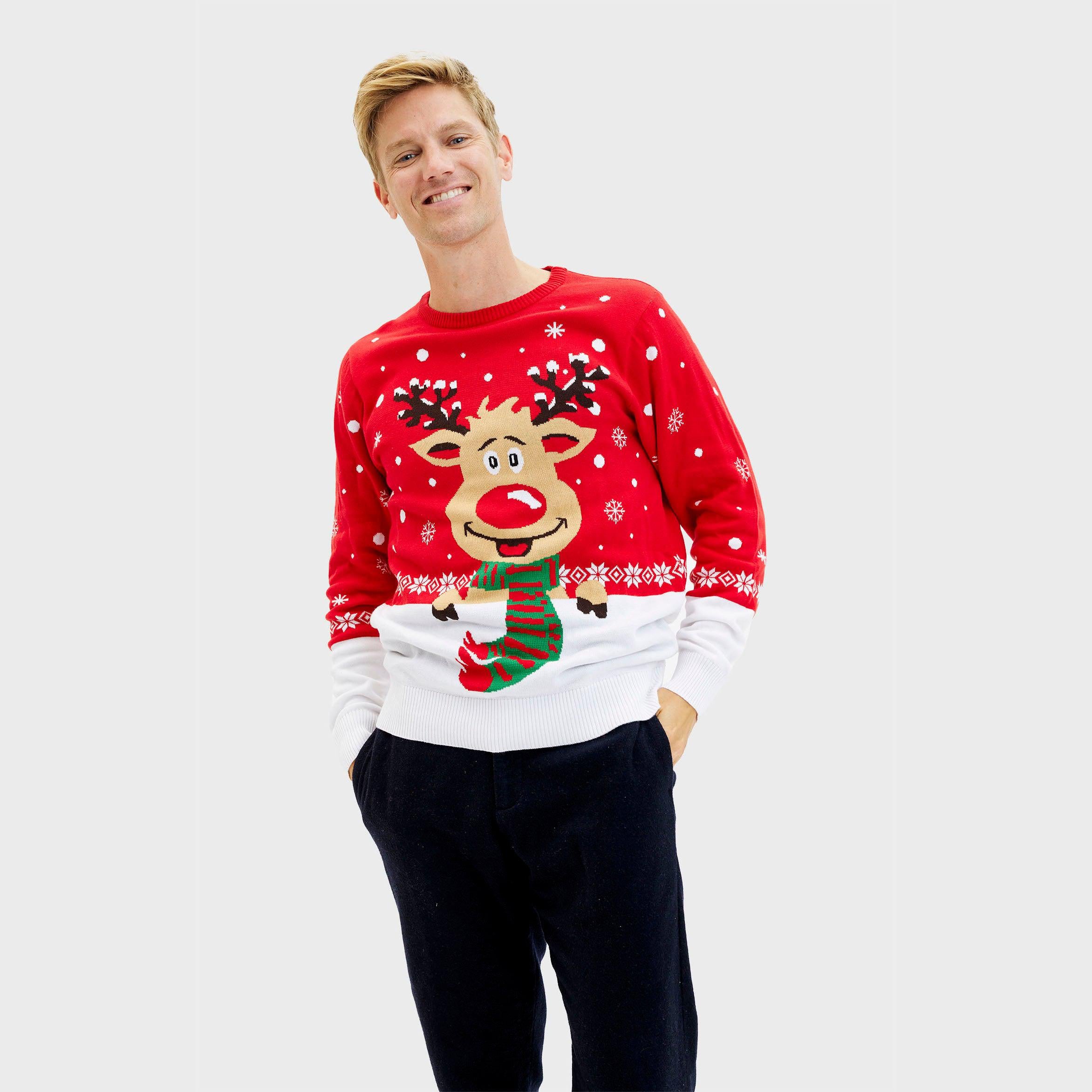 Roter Weihnachtspullover Herren mit fröhlichem Rentiermotiv, nachhaltiger Bio-Baumwolle, weihnachtspullover herren.